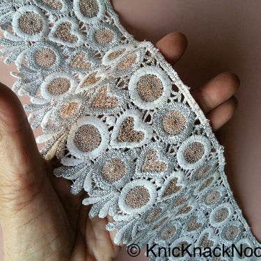 Silver, White And Brown Circle And Heart Embroidered Cotton And Shimmer Thread Zari Lace Trim, Approx. 90mm wide - 200317L79